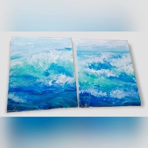 Original Ocean beach waves painting. Original blue and teal. 2 panels canvas